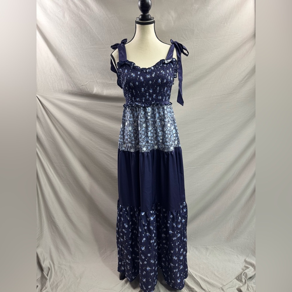 Boho Ditsy Floral Long Dress With Tie Waist, Ruffled Hem Blue - Picture 7 of 8